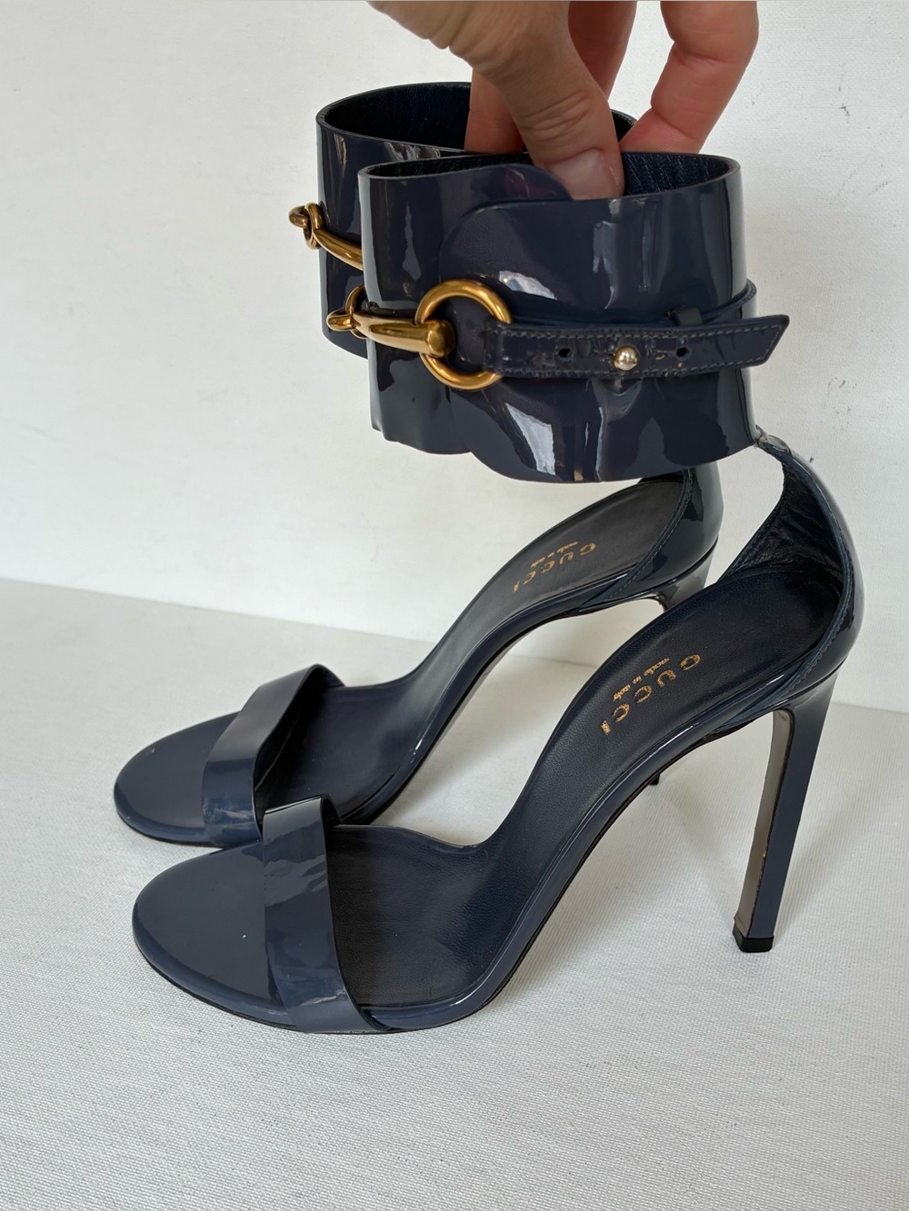 Gucci Navy Patent Leather Ankle-Cuff Stiletto Sandals size 35.5